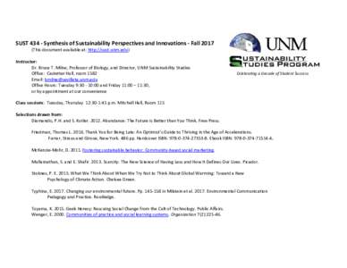 SUSTSynthesis of Sustainability Perspectives and Innovations - Fall 2013
