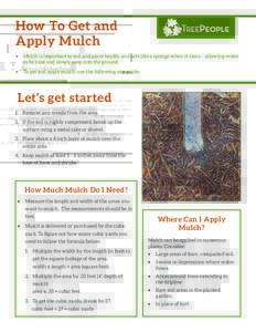 How To Get and Apply Mulch •	 Mulch is important to soil and plant health, and acts like a sponge when it rains – allowing water to be held and slowly seep into the ground. •	 To get and apply mulch, use the follow