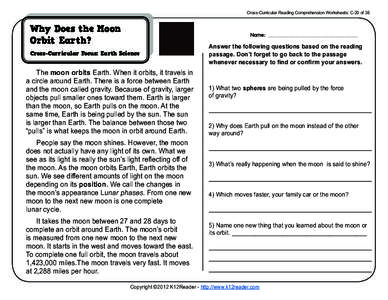 Cross-Curricular Reading Comprehension Worksheets: C-20 of 36  Why Does the Moon Orbit Earth?  Key