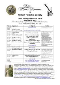 &  William Herschel Society Joint Spring Conference 2016 Saturday 2 April Elwin Room, Bath Royal Literary and Scientific Institution