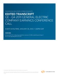 THOMSON REUTERS STREETEVENTS  EDITED TRANSCRIPT GE - Q4 2011 GENERAL ELECTRIC COMPANY EARNINGS CONFERENCE CALL