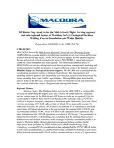 HF Radar Gap Analysis for the Mid-Atlantic Bight: Serving regional and sub-regional themes of Maritime Safety, Ecological Decision Making, Coastal Inundation and Water Quality. Prepared for MACOORA by the MARCOOS PIs I. 