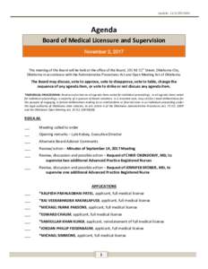 Update: 11/1/2017MD  Agenda Board of Medical Licensure and Supervision November 2, 2017
