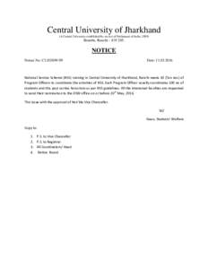 Central University of Jharkhand (A Central University established by an Act of Parliament of India, 2009) Brambe, Ranchi – NOTICE