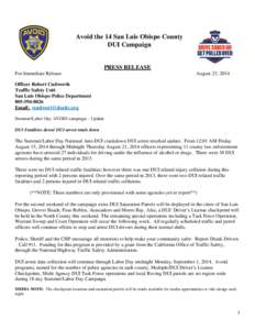 Avoid the 14 San Luis Obispo County DUI Campaign PRESS RELEASE For Immediate Release