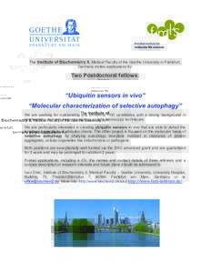 The Institute of Biochemistry II, Medical Faculty of the Goethe University in Frankfurt, Germany invites applications for Two Postdoctoral fellows:  “Ubiquitin sensors in vivo”