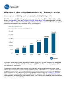 451 Research: Application containers will be a $2.7bn market by 2020 Containers represent a small but high-growth segment of the Cloud-Enabling Technologies market NEW YORK — January 10, 2017 — The application contai