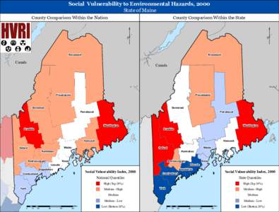 Social Vulnerability to Environmental Hazards, 2000 State of Maine County Comparison Within the Nation  County Comparison Within the State