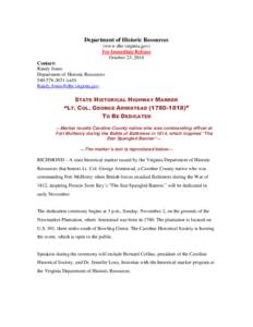 Department of Historic Resources (www.dhr.virginia.gov) For Immediate Release October 23, 2014 Contact: Randy Jones