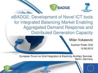 eBADGE: Development of Novel ICT tools for integrated Balancing Market Enabling Aggregated Demand Response and Distributed Generation Capacity Milan Vukasovic Austrian Power Grid
