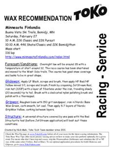 WAX RECOMMENDATION Buena Vista Ski Trails, Bemidji, MN Saturday, FebruaryA.M. 22K Classic and 22K Pursuit 10:10 A.M. 44K Skate/Classic and 22K Bemidjithon Mass start