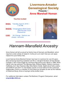 Livermore-Amador Genealogical Society Presents ~ Anne Marshall Homan You Are Invited