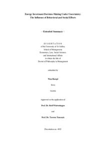 Energy Investment Decision-Making Under Uncertainty: The Influence of Behavioral and Social Effects – Extended Summary –  DISSERTATION