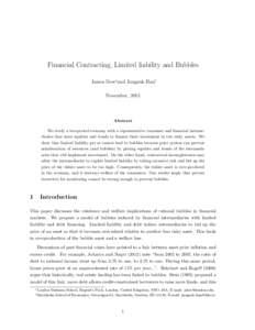 Financial Contracting, Limited liability and Bubbles James Dow∗and Jungsuk Han† November, 2013 Abstract We study a two-period economy with a representative consumer and financial intermediaries that issue equities an