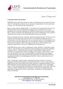 Interventionsstelle für Betroffene des Frauenhandels  Vienna, 17th February 2015 Comments on the Court Decision LEFÖ-IBF received information about the verdict of a Montenegrin Court against the former client S. C. Tho