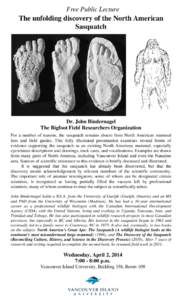 Free Public Lecture  The unfolding discovery of the North American Sasquatch  Dr. John Bindernagel