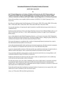 International Mechanisms for Promoting Freedom of Expression JOINT DECLARATION by the UN Special Rapporteur on Freedom of Opinion and Expression, the OSCE Representative on Freedom of the Media, the OAS Special Rapporteu