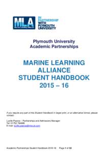 Plymouth University Academic Partnerships MARINE LEARNING ALLIANCE STUDENT HANDBOOK