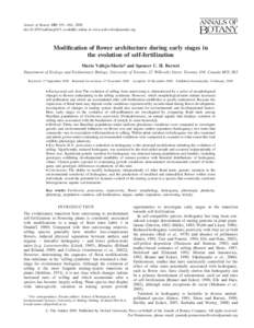 Annals of Botany 103: 951 –962, 2009 doi:aob/mcp015, available online at www.aob.oxfordjournals.org Modification of flower architecture during early stages in the evolution of self-fertilization Mario Vallejo-M