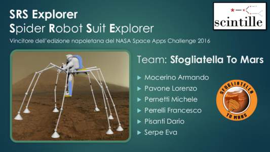 SRS Explorer Spider Robot Suit Explorer Vincitore dell’edizione napoletana del NASA Space Apps Challenge 2016 Team: Sfogliatella To Mars 