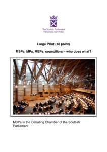 Large Print (18 point) MSPs, MPs, MEPs, councillors – who does what? MSPs in the Debating Chamber of the Scottish Parliament