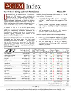 Index Association of Gaming Equipment Manufacturers n October 2014, the AGEM Index fell a modest 0.51 points, or -0.3 percent, when compared to September 2014 to a composite index of[removed]October represented the secon