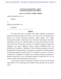 Case 1:15-cvMGC Document 48 Entered on FLSD DocketPage 1 of 5  UNITED STATES DISTRICT COURT SOUTHERN DISTRICT OF FLORIDA Case NoCiv-COOKE/TORRES ARISTA RECORDS LLC, et al.,