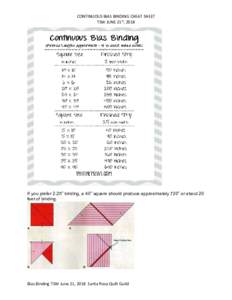 CONTINUOUS BIAS BINDING CHEAT SHEET TSW JUNE 21st, 2018 If you prefer 2.25” binding, a 40” square should produce approximately 720” or about 20 feet of binding.
