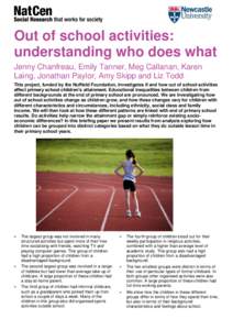 Out of school activities: understanding who does what Jenny Chanfreau, Emily Tanner, Meg Callanan, Karen Laing, Jonathan Paylor, Amy Skipp and Liz Todd This project, funded by the Nuffield Foundation, investigates if and