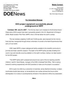 EXO project equipment successfully placed underground at WIPP