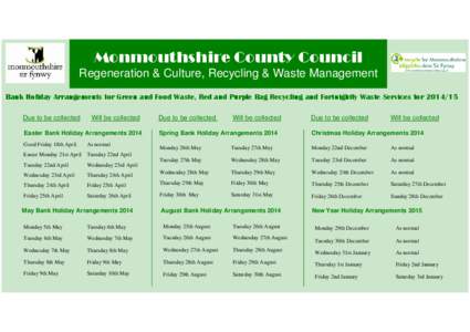 Monmouthshire County Council Regeneration & Culture, Recycling & Waste Management Bank Holiday Arrangements for Green and Food Waste, Red and Purple Bag Recycling and Fortnightly Waste Services for[removed]Due to be coll