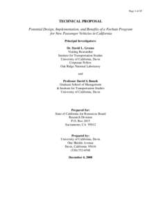 Page 1 of 85  TECHNICAL PROPOSAL Potential Design, Implementation, and Benefits of a Feebate Program for New Passenger Vehicles in California Principal Investigators: