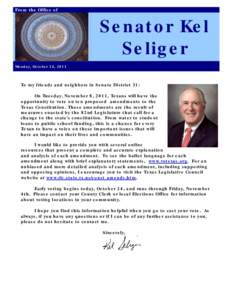 From the Office of  Senator Kel Seliger Monday, October 24, 2011
