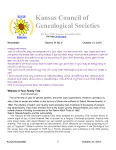 Kansas Council of Genealogical Societies PO Box 3858, Topeka, KSURL:htpp://www.kcgs.us  Newsletter