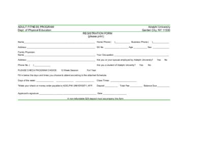 Adelphi University Adult Fitness Program Registration Form