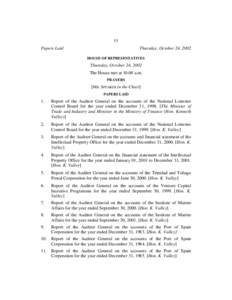 53  Papers Laid Thursday, October 24, 2002 HOUSE OF REPRESENTATIVES