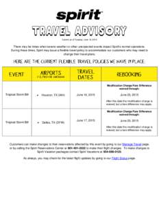 Current as of Tuesday, June 16, 2015  There may be times when severe weather or other unexpected events impact Spirit’s normal operations. During these times, Spirit may issue a flexible travel policy to accommodate ou