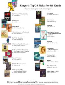 Zinger’s Top 20 Picks for 6th Grade Check out these great books for young ones. The Wolves of Willoughby Chase by Joan Aiken (J)  Windcatcher
