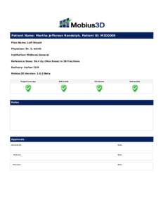 Patient	Name:	Martha	Jefferson	Randolph,	Patient	ID:	M3D0009 Plan	Name:	Left	Breast Physician:	Dr.	S.	Smith Institution:	Midtown	General Reference	Dose:	56.4	Gy	(Max	Dose)	in	28	Fractions Delivery:	Varian	21iX