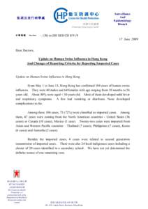Update on Human Swine Influenza in Hong Kong And Changes of Reporting Criteria for Reporting Suspected Cases