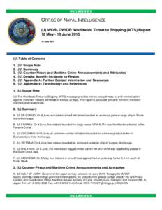 UNCLASSIFIED  OFFICE OF NAVAL INTELLIGENCE (U) WORLDWIDE: Worldwide Threat to Shipping (WTS) Report 10 May - 10 JuneJune 2015