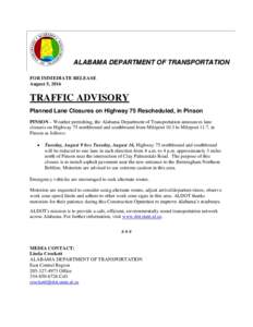 a ne Cls ALABAMA DEPARTMENT OF TRANSPORTATION FOR IMMEDIATE RELEASE August 5, 2016