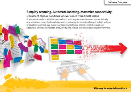 Software Overview  Simplify scanning. Automate indexing. Maximize connectivity. Document capture solutions for every need from Kodak Alaris Kodak Alaris understands the demands of capturing document content across virtua