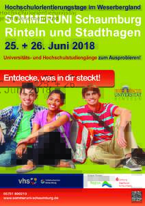 Hochschulorientierungstage im Weserbergland  SOMMERUNI Schaumburg Rinteln und Stadthagen 25. + 26. Juni 2018