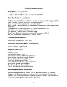 California Bureau of Security & Investigative Services - Advisory Committee Meeting January 10, 2012