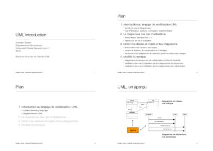 Plan 1. Introduction au langage de modélisation UML • points de vue et diagrammes • cas d’utilisation, analyse, conception, implémentation  UML introduction