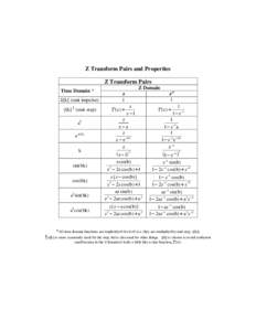 Z Transform Pairs and Properties Z Transform Pairs Time Domain * [k] (unit impulse) γ[k] † (unit step) ak