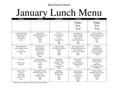 Bald Knob Schools  January Lunch Menu Monday  Tuesday