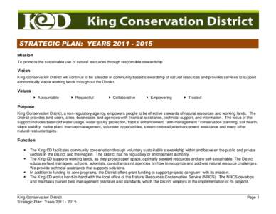 STRATEGIC PLAN: YEARSMission To promote the sustainable use of natural resources through responsible stewardship Vision King Conservation District will continue to be a leader in community based stewardship 