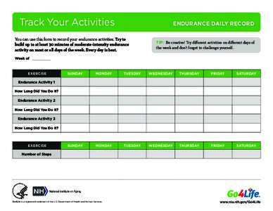 Track Your Activities	  ENDURANCE DAILY RECORD You can use this form to record your endurance activities. Try to build up to at least 30 minutes of moderate-intensity endurance